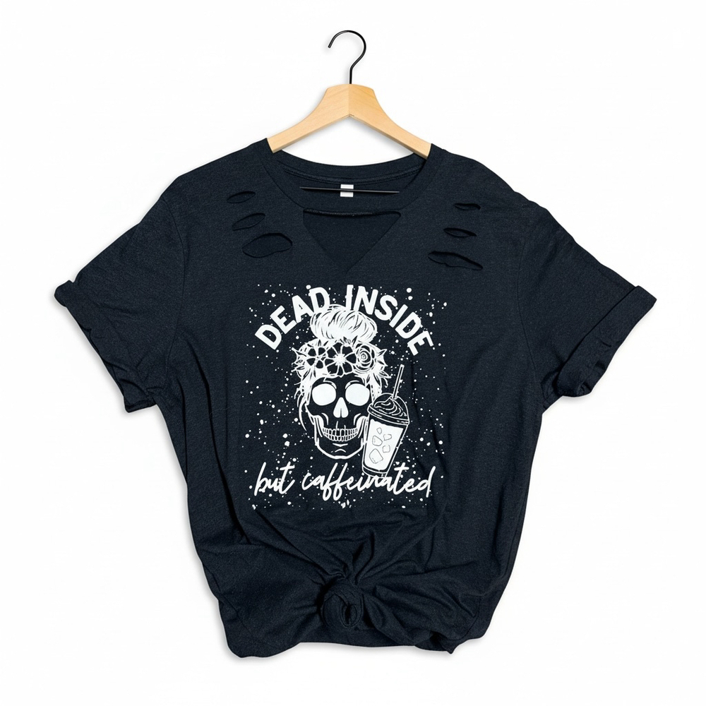 Caffeinated Bella + Canvas Distressed Short Sleeve Tee XL Black White Handmade